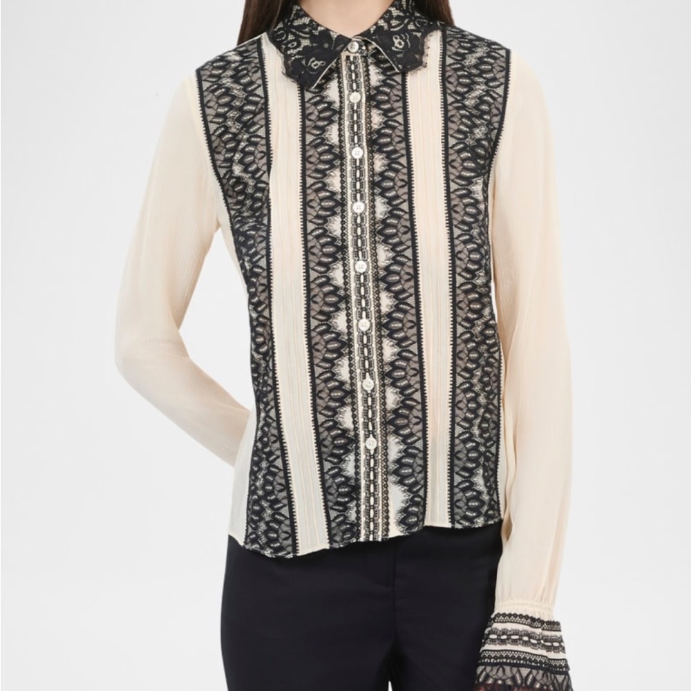 NWT The Kooples Silk Lace Trim Button Front Blouse S